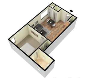 A 3D floor plan of a house with a kitchen, living room, and bedrooms.