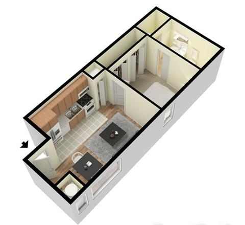 A 3D floor plan of a house with a kitchen, living room, and bathroom.