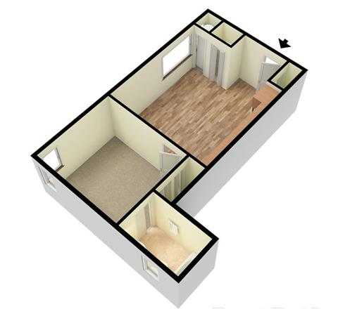 A 3D floor plan of a house with two bedrooms and a living room.