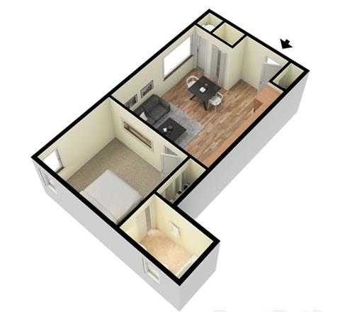 A 3D floor plan of a house with a kitchen, living room, and bedrooms.