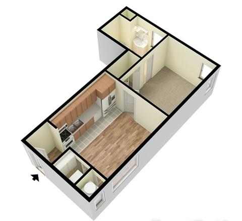 A 3D floor plan of a house with a kitchen, living room, and bathroom.