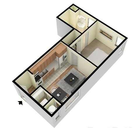 A 3D floor plan of a house with a kitchen, living room, and bathroom.