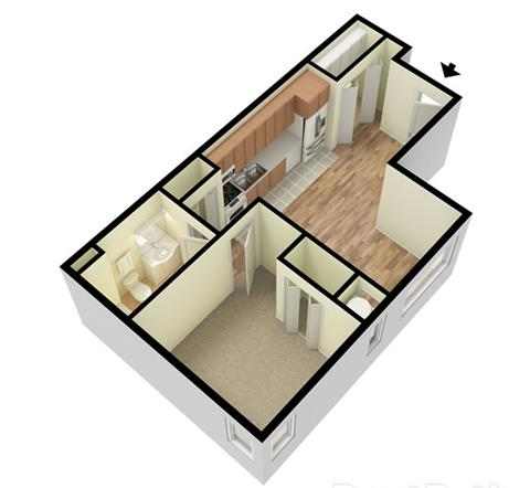 A 3D floor plan of a house with a kitchen, living room, and two bedrooms.