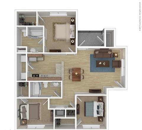 3 Bedroom 2 Bathroom 1164 Sqft Floor Plan at Las Villas De Leon Apartments, Texas