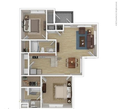 2 Bed 2 Bath 1016 Sqft Floor Plan at Las Villas De Leon Apartments, San Antonio, Texas