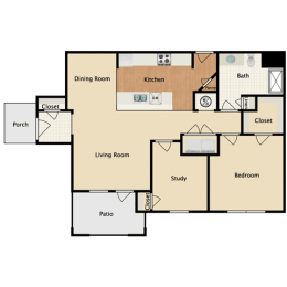 1 bed 1 bath floor plan E at Prairie Creek Apartments & Townhomes, Lenexa, Kansas