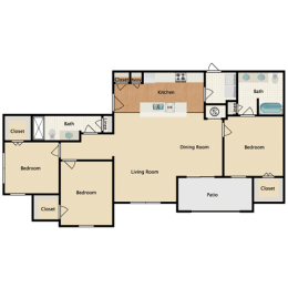 3 bed 2 bath floor plan at Prairie Creek Apartments & Townhomes, Kansas, 66219