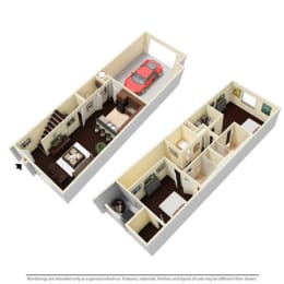 2 Bed - 2.5 Bath |1245 sq ft 2x2 TH floorplan