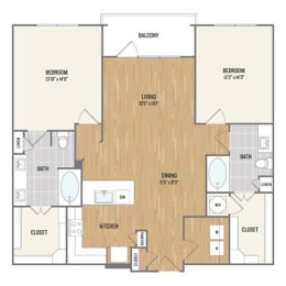 Two-Bedroom Floor Plan at Berkshire Amber, Texas
