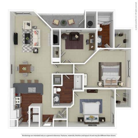 A detailed 3D floor plan of a house layout.