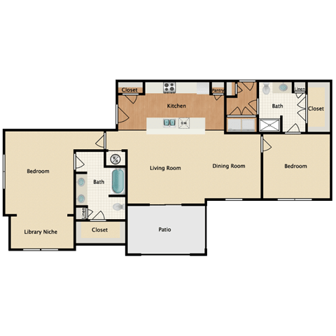 2 bedroom 2 bathroom Floor plan G at Prairie Creek Apartments & Townhomes, Kansas