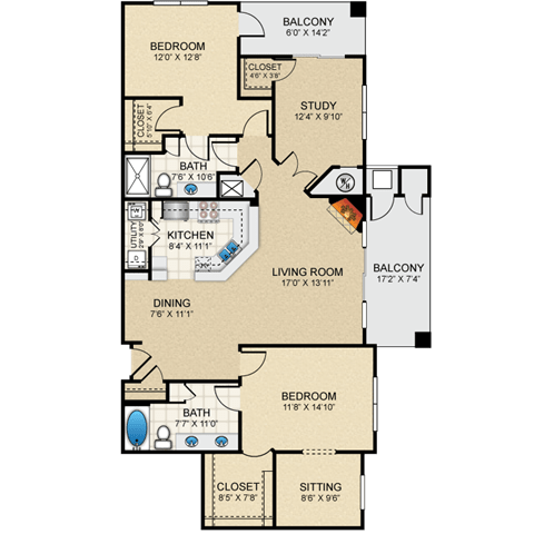 2 bedroom, 2 bathroom, study at Claremont, Overland Park, KS