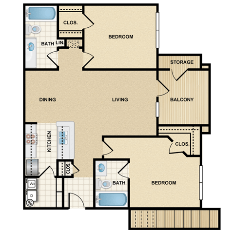 2 bedroom, 2 bathroom
