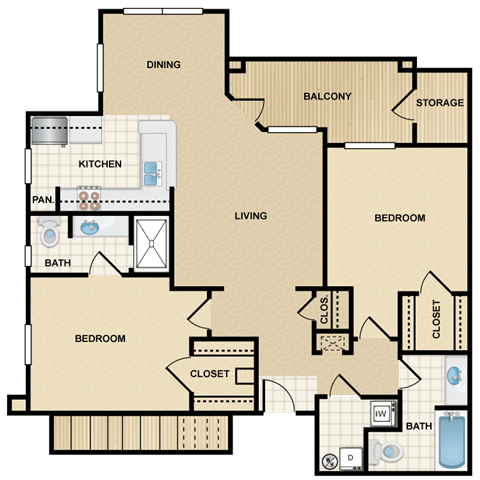 2 bedroom, 2 bathroom