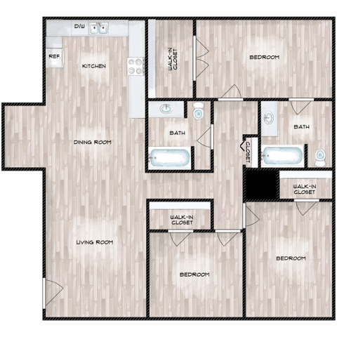 3 Bed 2 Bath Floor Plan at Boston Woods Apartments, Texas