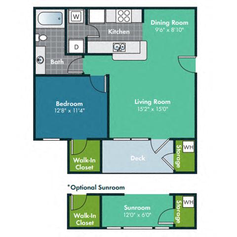1 Bedroom 1 Bath Floorplan Floorplan for Biltmore with Sunroom at Abberly Grove Apartment Homes by HHHunt, Raleigh