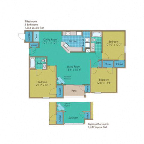 Shenandoah with Sunroom, 1439 Square-Foot Floorplan at Abberly Twin Hickory Apartment Homes by HHHunt, Glen Allen, VA