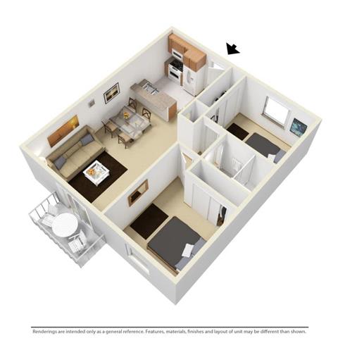 2 Bed - 1 Bath, 780 sq ft floor plan