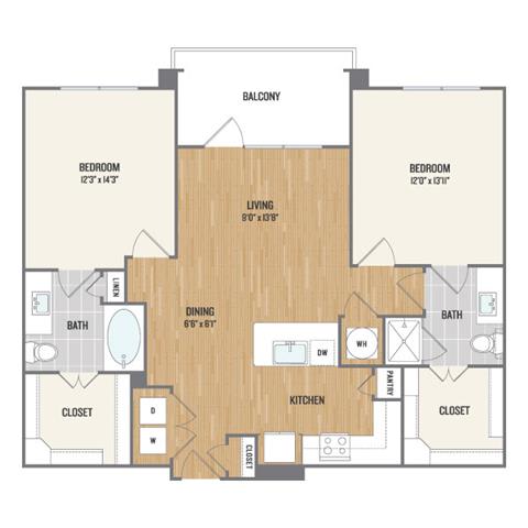Two-Bedroom Floor Plan at Berkshire Amber, Dallas, TX, 75248