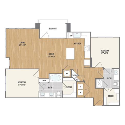 Two-Bedroom Floor Plan at Berkshire Amber, Dallas, Texas