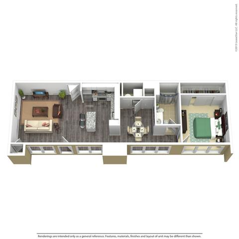 1 Bed - 1 Bath, 965 sq ft, T2 FloorPlan