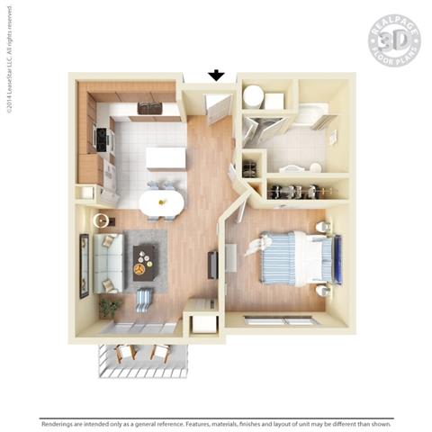 1 Bed - 1 Bath, 724 square feet A2 floor plan