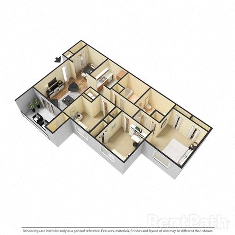 3 Bedroom, 2 Bath Floor Plan 3 Bedroom, 2 Bath Floor Plan at Creekside Square Apartments, Indianapolis, IN