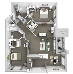 Avenel at Montgomery Square floor plans - The Penllyn - B6 - 2 Bed 2 Bath - 3D