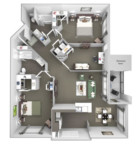 Avenel at Montgomery Square floor plans - The Penllyn - B6 - 2 Bed 2 Bath - 3D