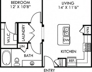 Frio. 1 bedroom apartment. Kitchen with bartop open to living room. 1 full bathroom. Walk-in closet. Patio/balcony.