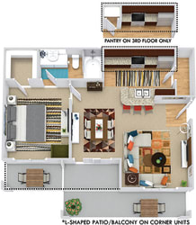Amberley 3D. 1 bedroom apartment. Kitchen with bartop open to living/dinning rooms. 1 full bathroom. Walk-in closet. Patio/balcony.