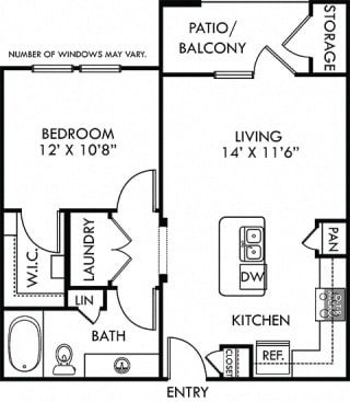 Frio. 1 bedroom apartment. Kitchen with bartop open to living room. 1 full bathroom. Walk-in closet. Patio/balcony.