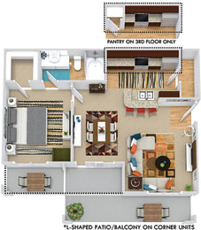 Amberley 3D. 1 bedroom apartment. Kitchen with bartop open to living/dinning rooms. 1 full bathroom. Walk-in closet. Patio/balcony.