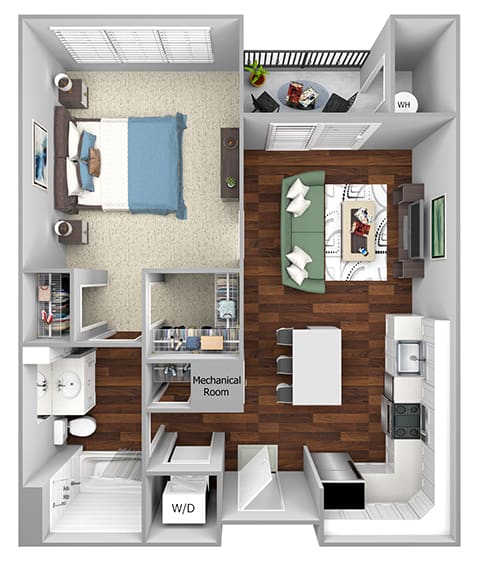 A2 - 1 Bed - 1 Bath - The Airdrie at Paoli Station - 3D Floor Plan