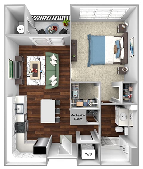 A5 - 1 Bed - 1 Bath - The Airdrie at Paoli Station - 3D Floor Plan