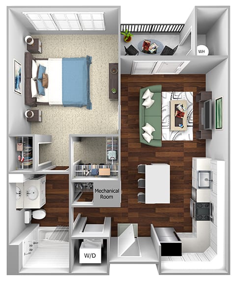 A1 - 1 Bed - 1 Bath - The Airdrie at Paoli Station - 3D Floor Plan