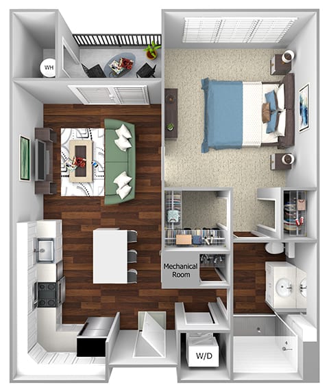 A4 - 1 Bed - 1 Bath - The Airdrie at Paoli Station - 3D Floor Plan