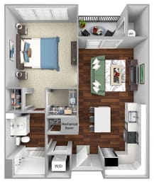 A3 - 1 Bed - 1 Bath - The Airdrie at Paoli Station - 3D Floor Plan
