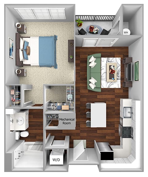 A3 - 1 Bed - 1 Bath - The Airdrie at Paoli Station - 3D Floor Plan