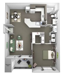Avenel at Montgomery Square floor plans - The Wales - A2 - 1Bed 1Bath - 3D