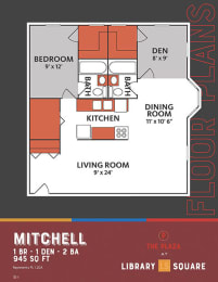 1 Bed 2 Bath Floor Plan at The Plaza at Library Square, Indiana