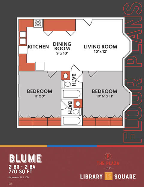 Two Bed Two Bath Floor Plan at The Plaza at Library Square, Indianapolis, Indiana
