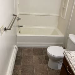 a bathroom with a toilet and a bathtub
