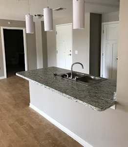 A spacious kitchen and living room with wood flooring and modern appliances.at Hawthorne Pointe, Bondurant, IA