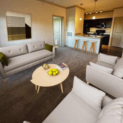 a living room with couches and a table
