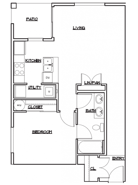 1 Bed 1 Bath Standard Apartment 1st Floor Layout at 5100 Summit Apartments