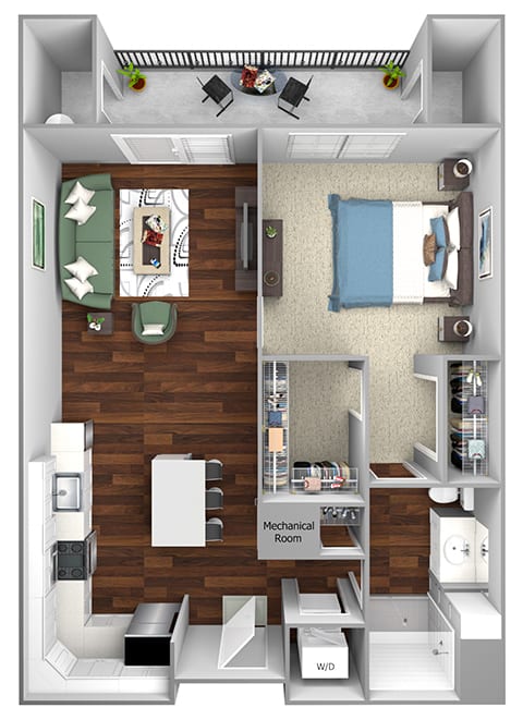A7 - 1 Bed - 1 Bath - The Airdrie at Paoli Station - 3D Floor Plan