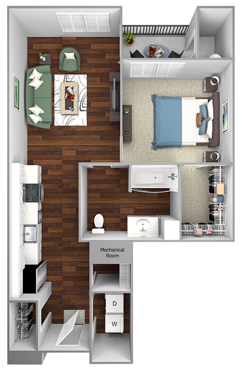 A6 - 1 Bed - 1 Bath - The Airdrie at Paoli Station - 3D Floor Plan