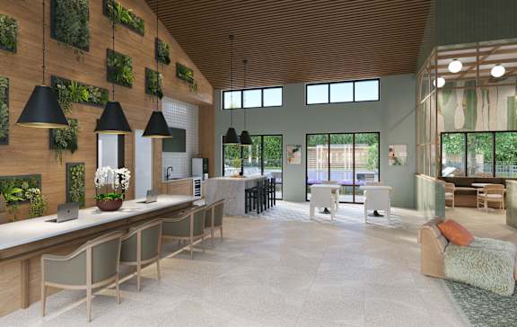 A modern office space with wooden walls and a long table with chairs.