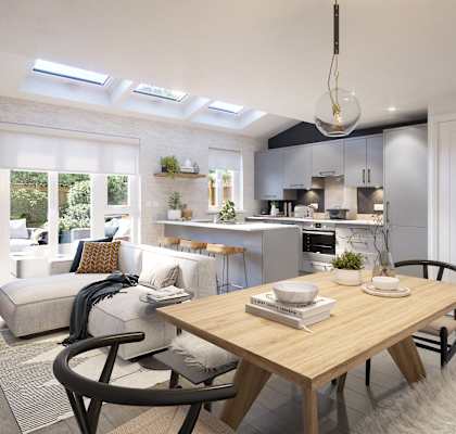 a rendering of a living room with a dining table and a kitchen